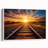 Framed canvas wall art collection showcasing serene landscapes and railroads, featuring soft colors and a modern design, ideal for home decor.