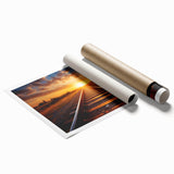 Vintage railroad-themed wall art print showcasing a scenic landscape with trains, vibrant colors, and intricate details, rolled for easy display or framing.