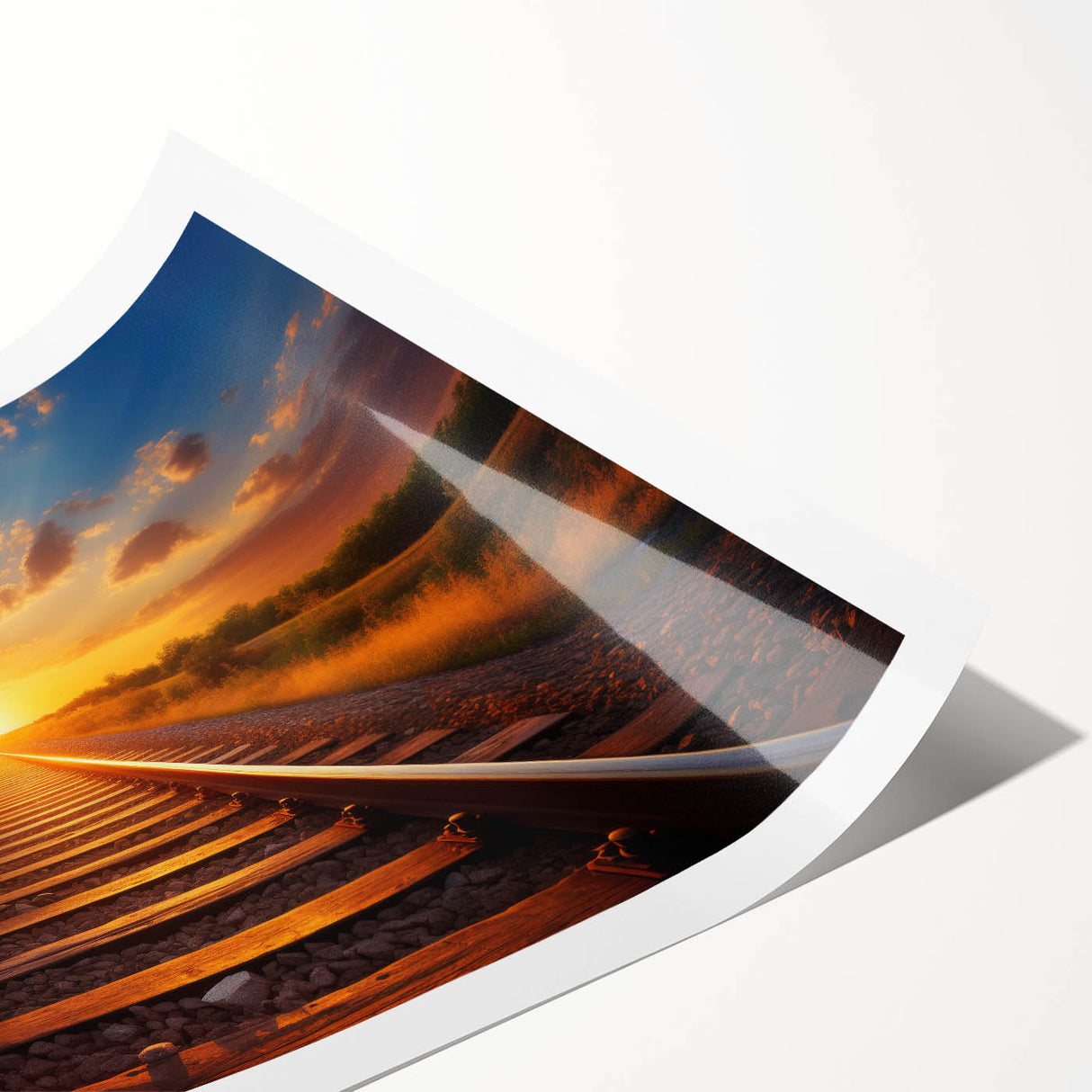Colorful landscape wall art print showcasing a serene railroad scene, featuring vibrant colors and intricate details, rolled and ready for framing. Perfect for adding a touch of tranquility to any space.