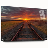 Acrylic glass wall art collection showcasing a vibrant landscape with railroad design, displayed from the side view, featuring stylish pins for easy hanging. The artwork combines bold colors and intricate details for a modern home decor accent.