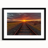 Framed landscape wall art depicting a scenic railroad design, featuring a black frame and mat, ideal for enhancing home decor with vintage charm.