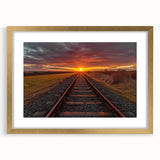 Framed landscape railroad wall art collection featuring a gold mat and sleek design, enhancing modern decor with a touch of elegance and nature-inspired beauty.