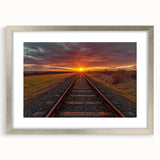 Framed wall art collection showcasing a serene railroad landscape design with a silver mat, ideal for modern home decor and artistic expression.