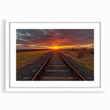 Framed wall art showcasing a serene landscape with railroad tracks, featuring a white mat and sleek frame design, perfect for home decor and enhancing interior spaces.