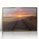 Framed wall art showcasing a vibrant railroad landscape design with golden accents, perfect for enhancing modern home decor and adding a touch of elegance.