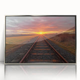 Framed wall art collection showcasing a silver-accented landscape with railroads, designed to enhance modern decor, displayed in a stylish acrylic frame.