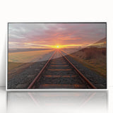 Framed acrylic wall art showcasing a vibrant landscape design featuring a railroad, with a sleek white frame, perfect for modern home decor. Ideal for art enthusiasts and travelers.