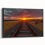 Framed canvas wall art showcasing a scenic railroad landscape design, featuring vibrant colors and intricate details, mounted in a sleek black frame for modern decor.