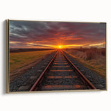 Framed canvas wall art showcasing a scenic landscape with a railroad track, featuring rich gold accents and a modern design, ideal for home decor.