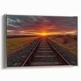 Framed canvas wall art featuring a serene railroad landscape design, showcasing vibrant colors and intricate details, with a sleek silver frame enhancing its elegance. Ideal for modern home decor, this piece adds a touch of tranquility and sophistication to any space.