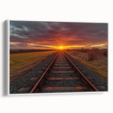 Framed canvas wall art showcasing a tranquil railroad landscape in soft earth tones, designed to enhance modern home decor with a serene aesthetic.