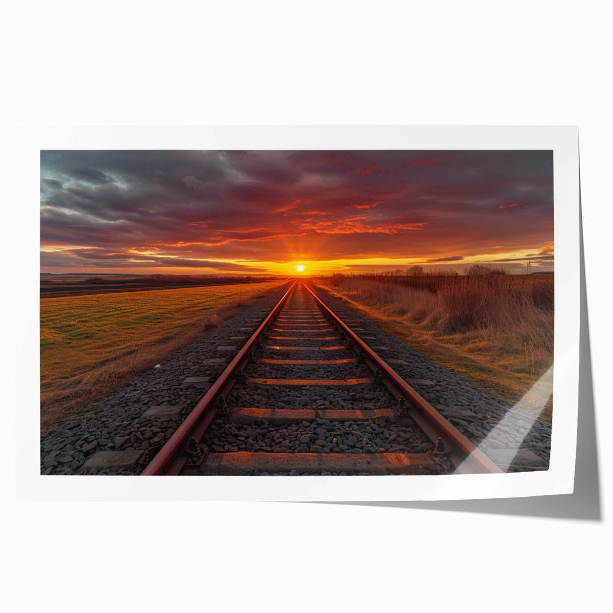 Vibrant rolled print showcasing a detailed landscape featuring a railroad amidst lush greenery, perfect for home decor or office art collection.
