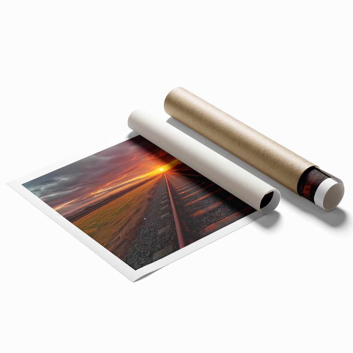 Vibrant rolled print of a scenic railroad landscape, showcasing lush greenery and a dramatic sky, ideal for home or office decor. Perfect for nature lovers.