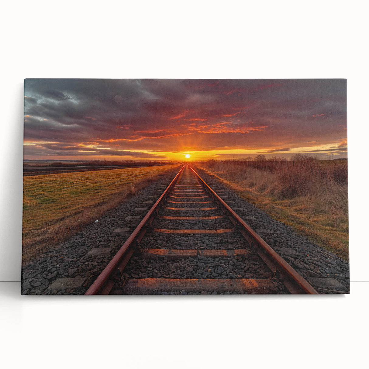 Stretched canvas wall art showcasing a vibrant railroad landscape design, featuring rich colors and intricate details, perfect for enhancing modern home decor.