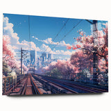 Acrylic glass wall art collection showcasing a vibrant landscape and railroad design, displayed in a side view without pins, perfect for modern home decor.