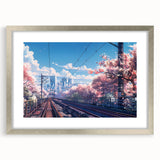 Framed wall art collection showcasing a scenic railroad landscape design with a silver mat, perfect for enhancing modern home decor and inspiring travel.
