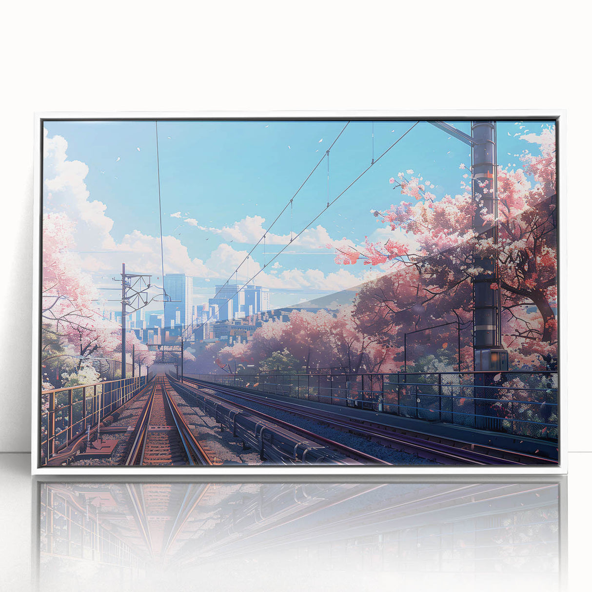 Framed wall art collection showcasing a vibrant landscape design featuring a railroad scene in rich colors, displayed in an elegant white frame for modern decor.