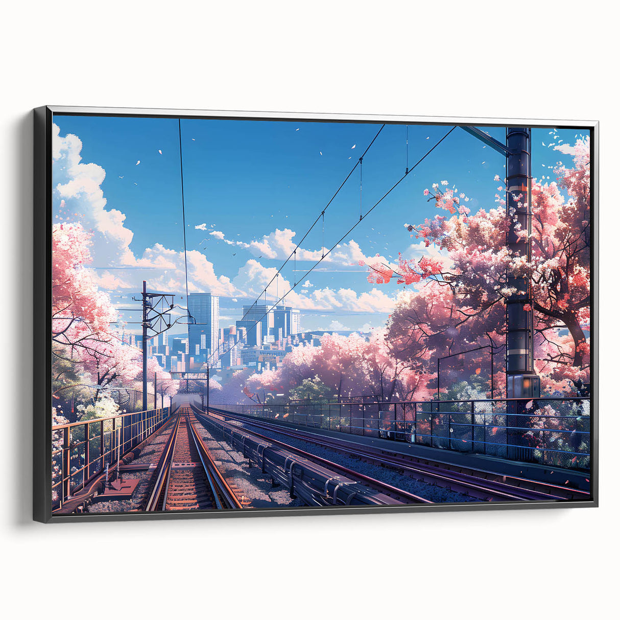 Framed canvas wall art showcasing a striking railroad landscape design with vibrant colors. The piece features black framing and a side view, perfect for home decor.