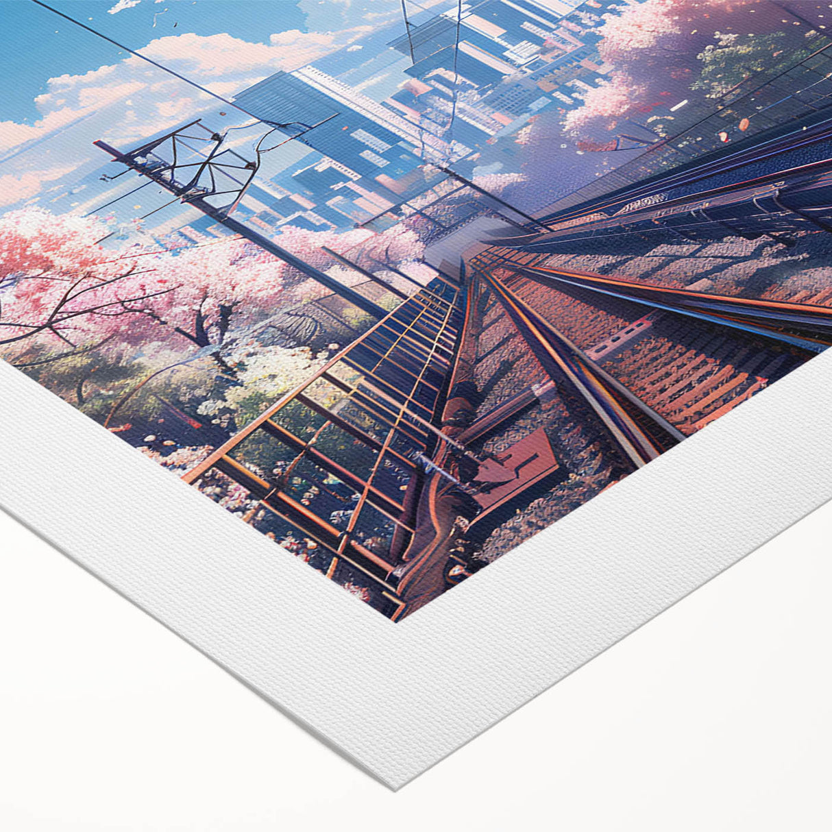 Rolled canvas featuring a vibrant landscape scene with a railroad track, showcasing rich colors and intricate details, ideal for home décor or artistic displays.