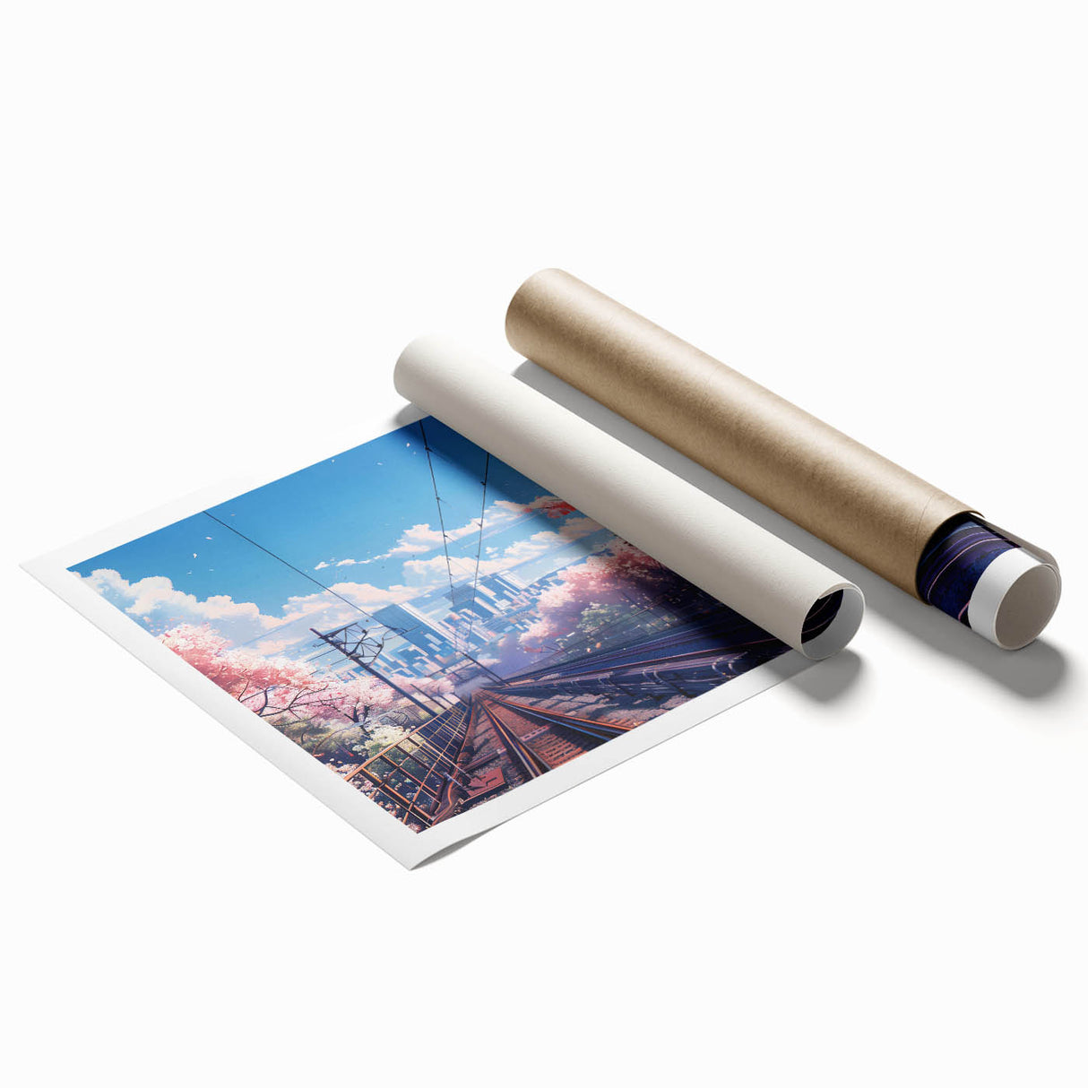 Vibrant landscape wall art print showcasing a scenic railroad design with lush greenery and blue skies, rolled for easy display and storage.