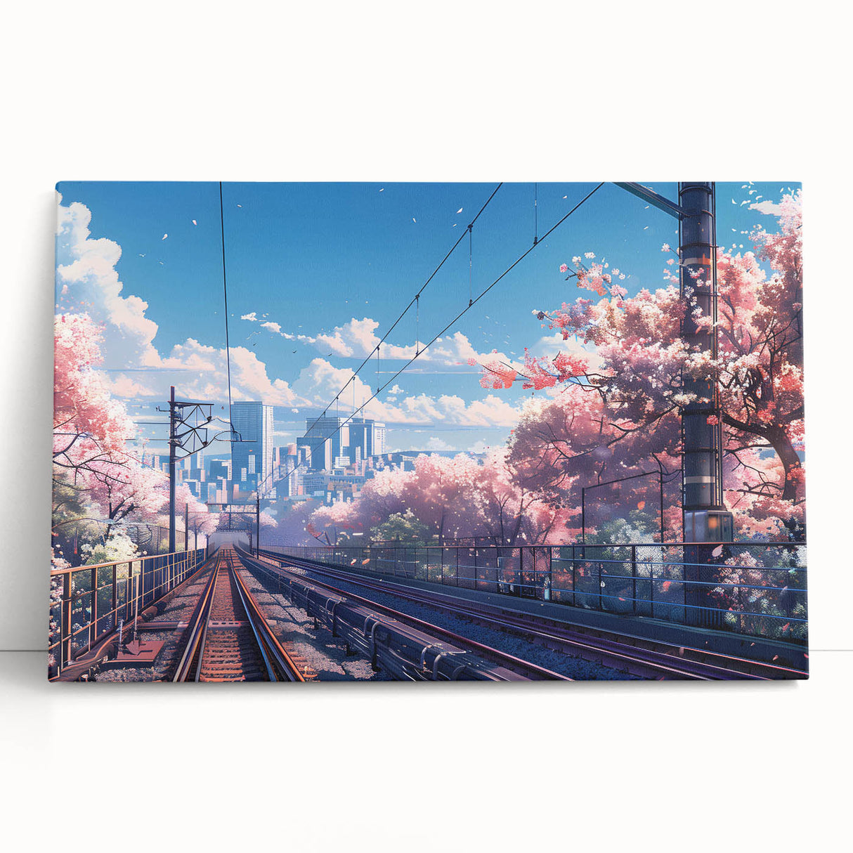 Stretched canvas wall art depicting a serene landscape with railroad tracks meandering through lush greenery, perfect for home decor. Ideal for nature enthusiasts and art lovers.
