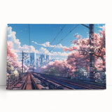 Stretched canvas wall art depicting a serene landscape with railroad tracks meandering through lush greenery, perfect for home decor. Ideal for nature enthusiasts and art lovers.