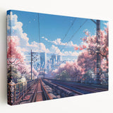Stretched canvas wall art showcasing a vibrant railroad landscape design, featuring rich colors and intricate details, perfect for enhancing modern home decor.