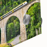 Close-up of a stunning acrylic glass wall art piece showcasing a vibrant landscape with railroad tracks, blending nature and transportation elements in a modern design. Perfect for contemporary home decor enthusiasts.