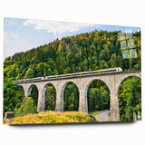 Acrylic glass wall art piece showcasing a vibrant railroad landscape design, featuring intricate details and a side view display with pins, ideal for modern decor.