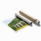 Rolled print showcasing a stunning landscape with vibrant railroad elements, designed for wall art decor, emphasizing rich colors and intricate details. Perfect for enhancing living spaces.