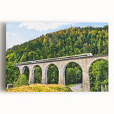 Stretched canvas wall art showcasing a vibrant railroad landscape design, featuring rich colors and intricate details, perfect for enhancing any modern decor.