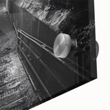 Close-up of a vibrant acrylic glass wall art piece showcasing a scenic railroad landscape design, featuring rich colors and intricate details, ideal for home decor.