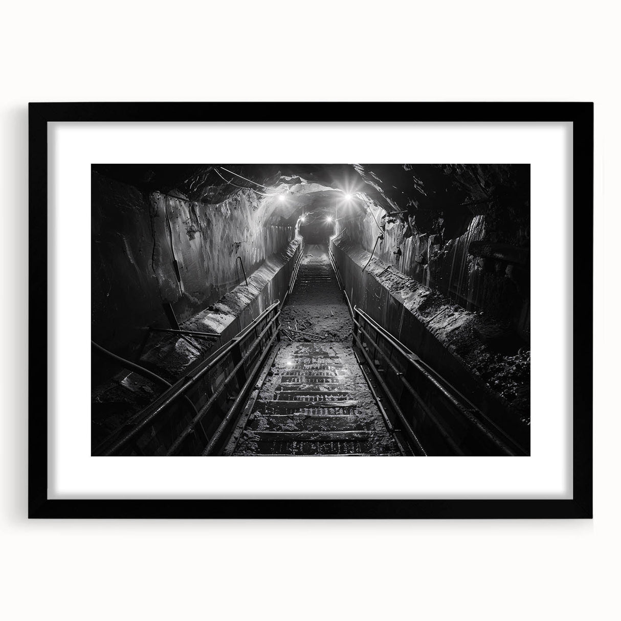 Framed wall art collection showcasing a scenic railroad landscape in a sleek black frame with a white mat, perfect for enhancing modern home decor.