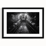 Framed wall art collection showcasing a scenic railroad landscape in a sleek black frame with a white mat, perfect for enhancing modern home decor.