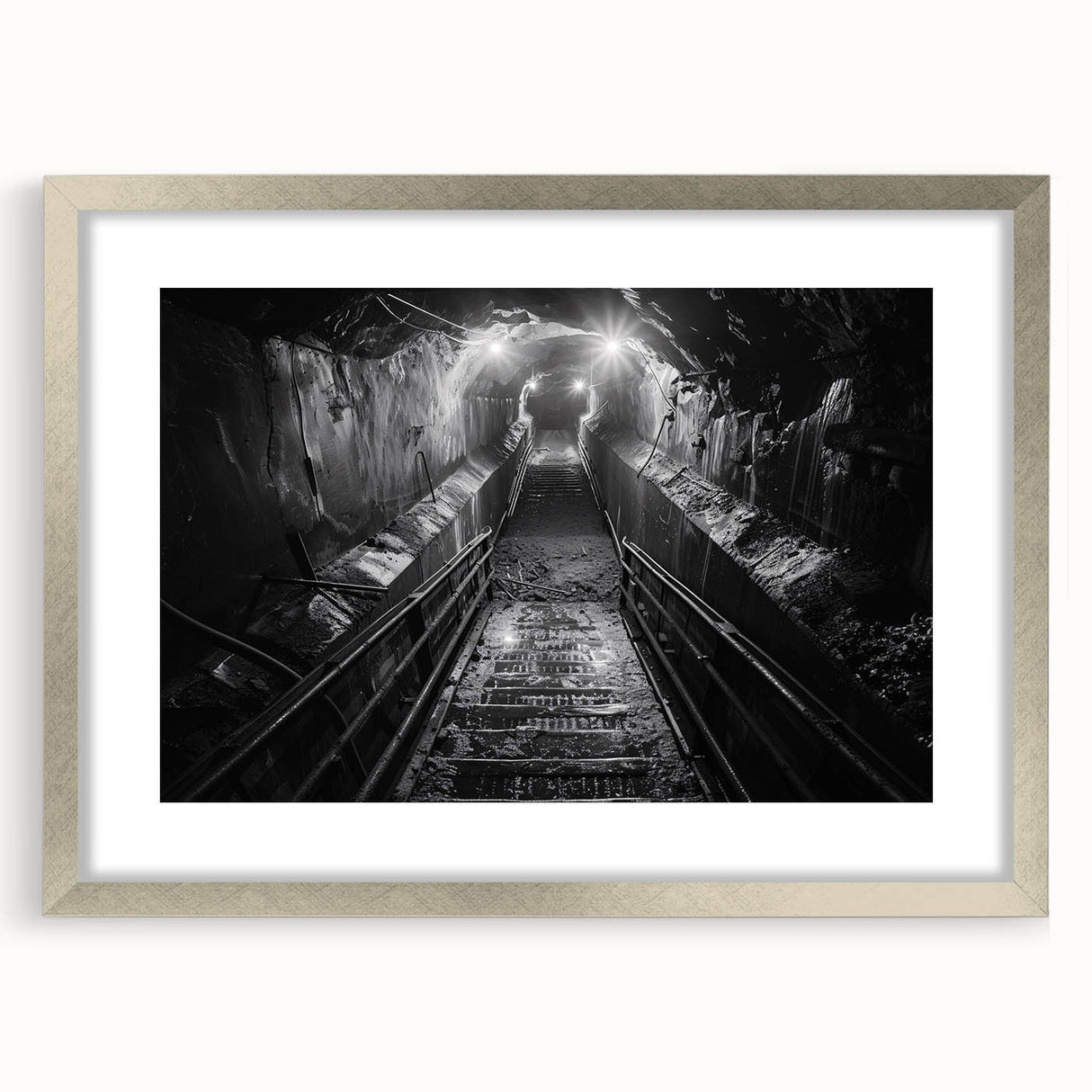 Framed landscape railroad wall art collection showcasing scenic views, featuring a silver mat and modern design, perfect for enhancing home decor.