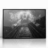 Framed acrylic wall art featuring a scenic railroad landscape design in a sleek black frame, showcasing vibrant colors and intricate details, perfect for home decor.