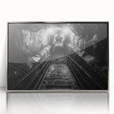 Framed acrylic wall art showcasing a vibrant railroad landscape design, featuring a silver frame and a sleek front view, ideal for modern home decor.