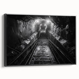 Framed canvas wall art showcasing a serene railroad landscape design, featuring vibrant colors and intricate details, displayed against a black frame, perfect for home decor enhancement.