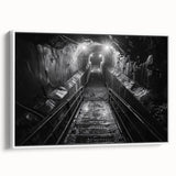 Framed canvas wall art collection showcasing a serene landscape with railroad tracks, featuring a white frame and side view, ideal for enhancing home decor.