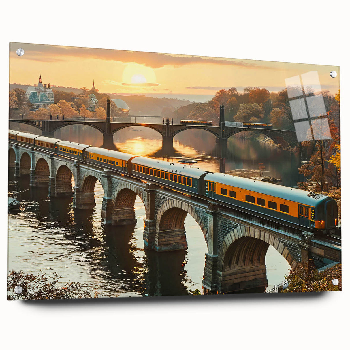 Acrylic glass wall art featuring a vibrant railroad landscape design, showcasing intricate details and rich colors, displayed in a side view with pin fixtures. Perfect for modern home decor enthusiasts seeking unique and artistic accents.