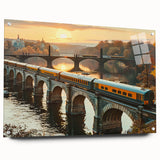 Acrylic glass wall art featuring a vibrant railroad landscape design, showcasing intricate details and rich colors, displayed in a side view with pin fixtures. Perfect for modern home decor enthusiasts seeking unique and artistic accents.