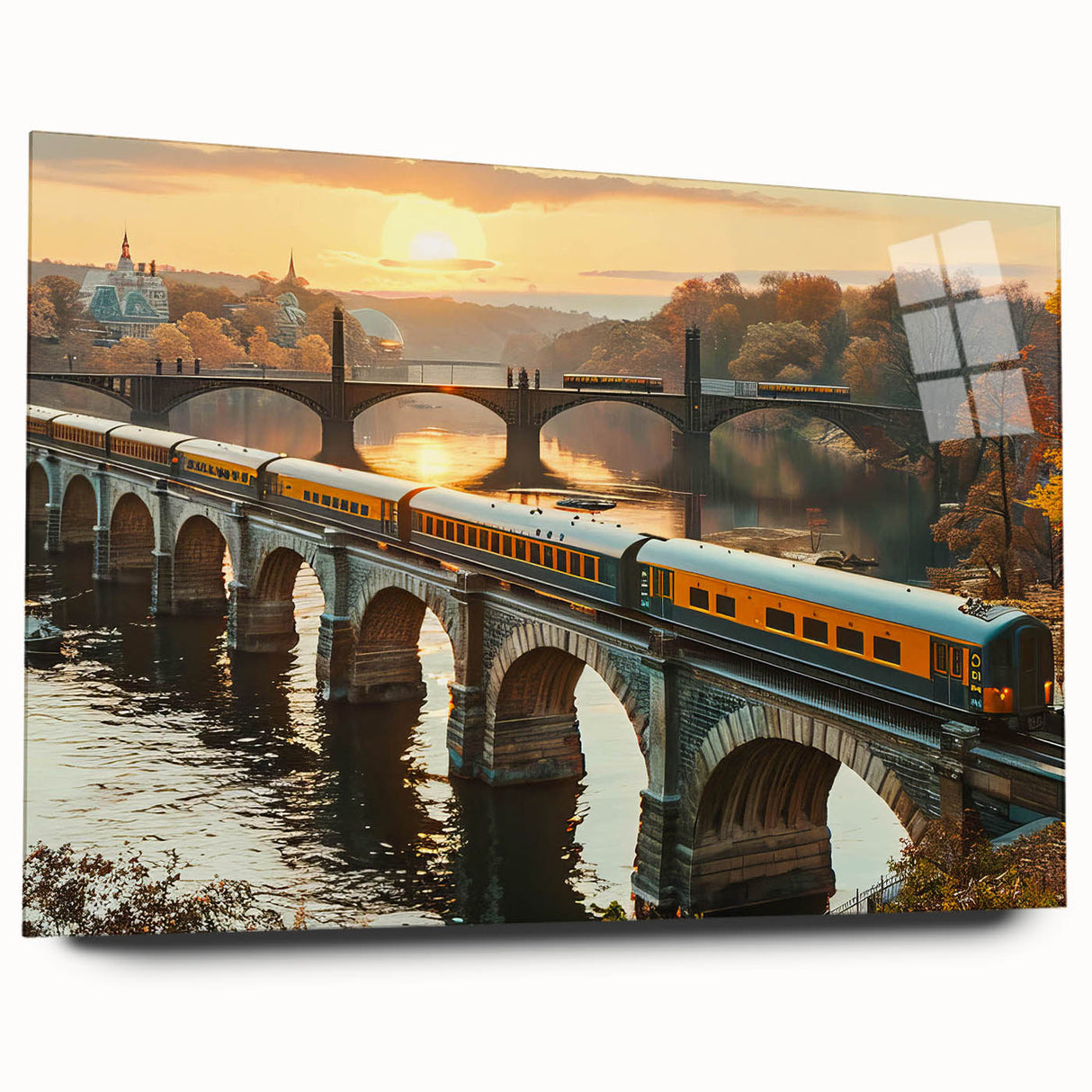Acrylic glass wall art collection displaying a vibrant landscape featuring railroads, captured from a side view, showcasing vivid colors and intricate details.