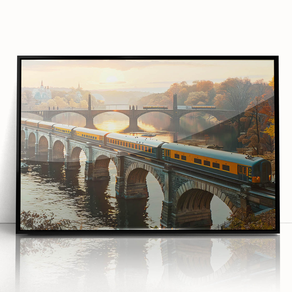 Framed acrylic wall art featuring a stunning railroad landscape design, showcasing vibrant colors and intricate details, perfect for enhancing modern home decor.