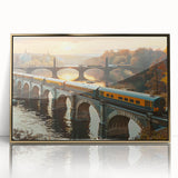 Framed wall art collection showcasing a vibrant landscape with railroads, featuring a gold-acrylic frame that enhances its artistic appeal, perfect for modern decor.
