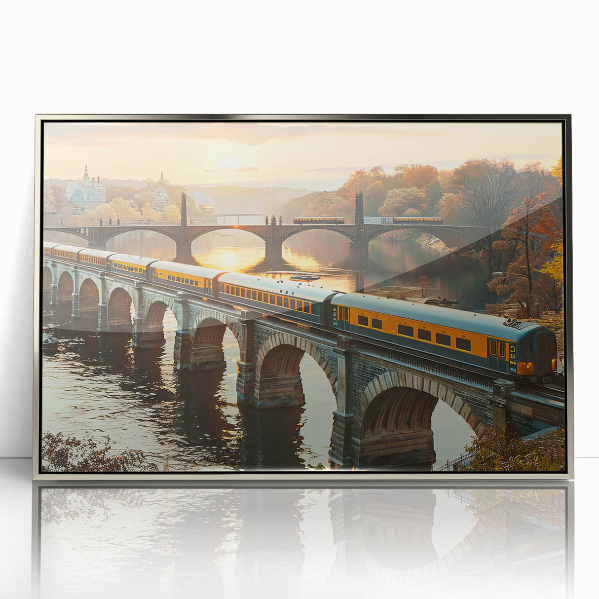 Framed wall art collection featuring a scenic railroad landscape design, showcased in a silver-acrylic frame, perfect for modern home decor.