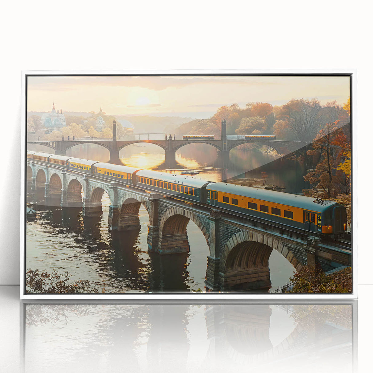 Framed wall art collection showcasing a scenic landscape with railroads, featuring a sleek white frame and acrylic finish, perfect for home decor enhancement.