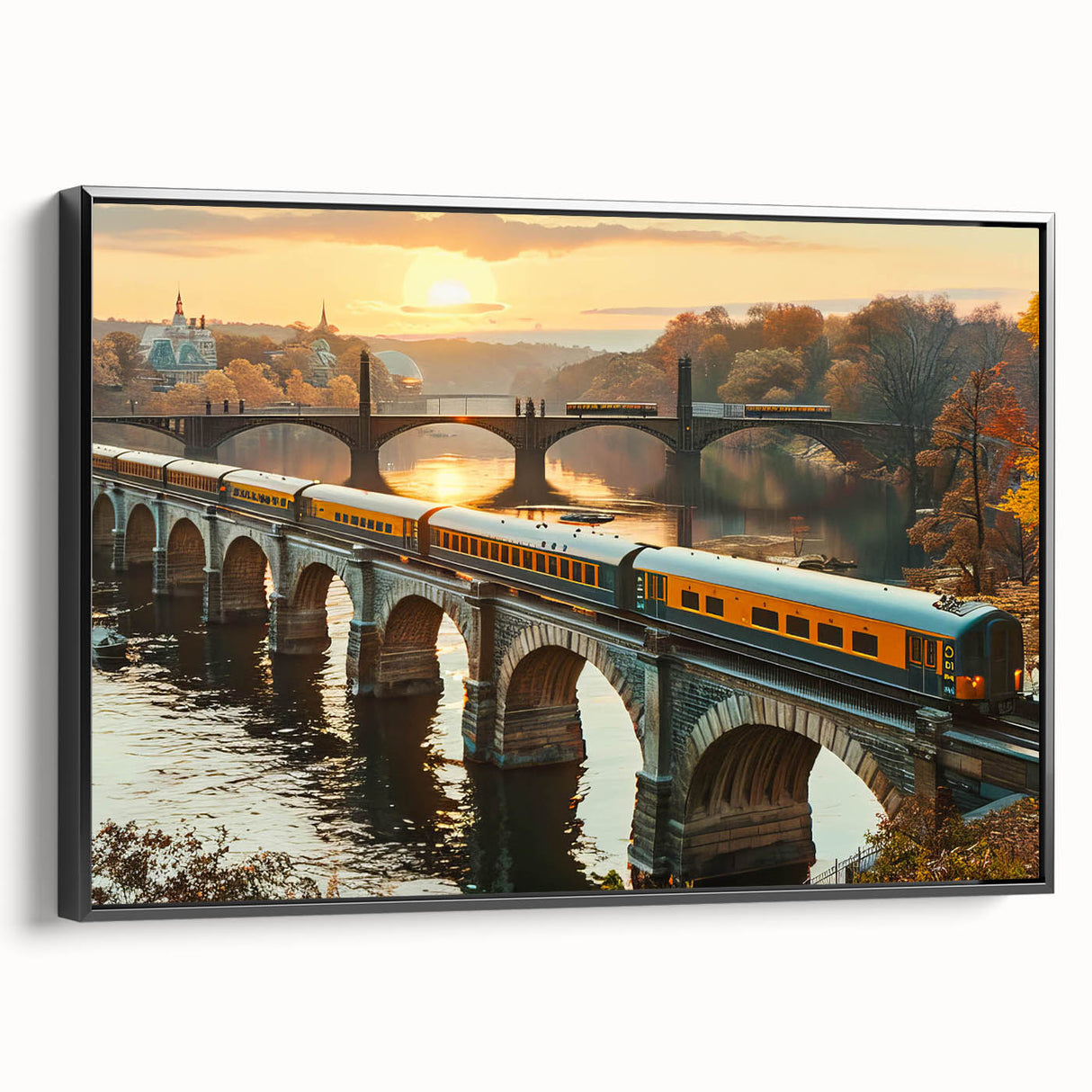 Framed canvas wall art collection featuring vibrant landscapes and railroads, displayed in a sleek black frame, showcasing intricate details and rich colors.