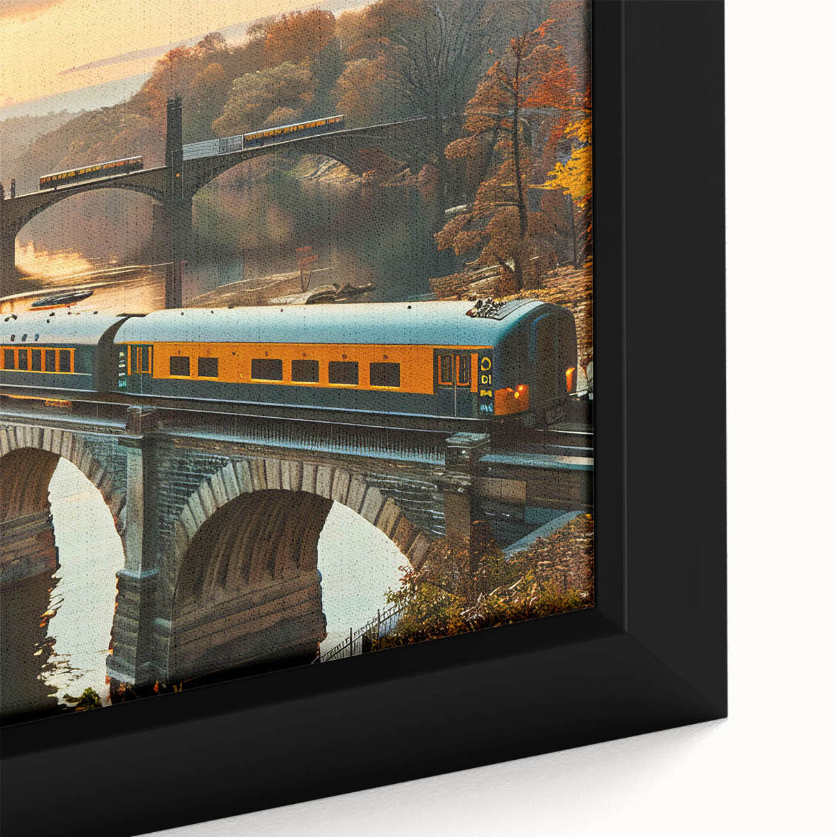 Framed canvas wall art showcasing a vibrant railroad landscape design, featuring rich colors and intricate details, perfect for home or office decor.