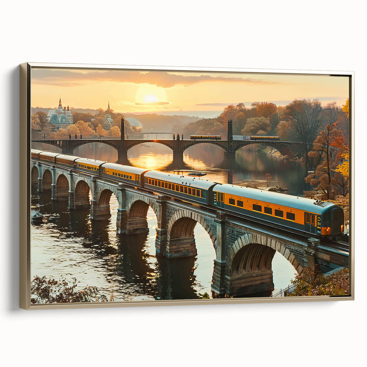 Framed wall art collection featuring a picturesque landscape with railroad tracks and vibrant colors, set against a gold frame, ideal for home décor.