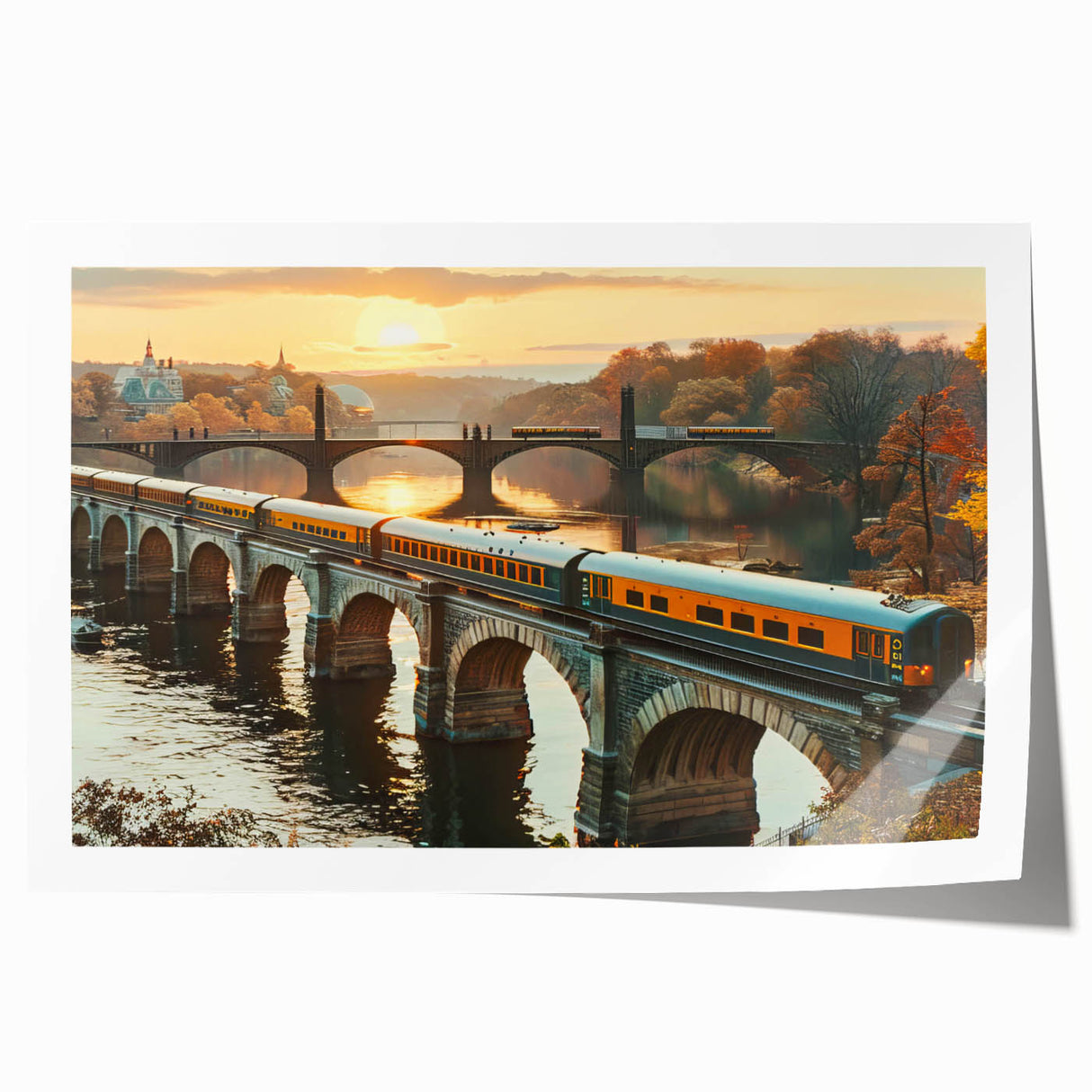 Vibrant landscape wall art print showcasing a scenic railroad view, featuring lush greenery and a clear sky, perfect for home or office decor.